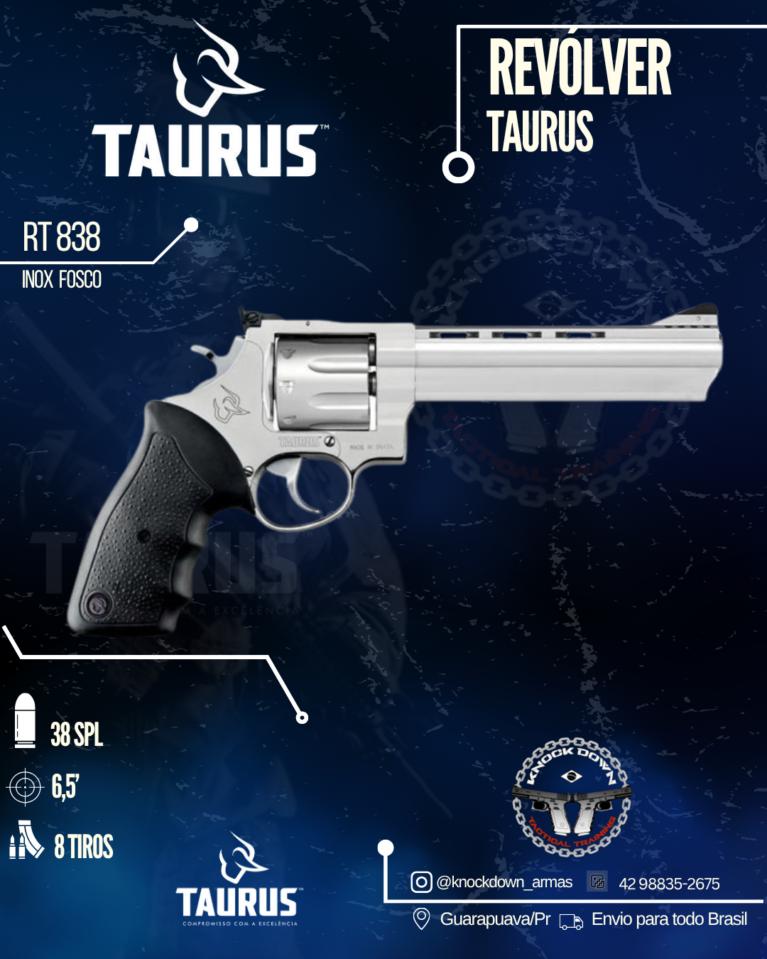 REVÓLVER TAURUS RT 838 INOX FOSCO