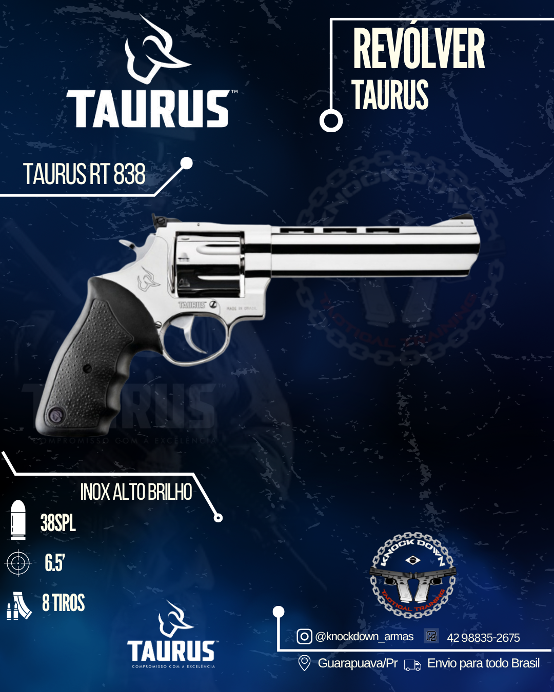 REVÓLVER TAURUS RT 838 INOX ALTO BRILHO